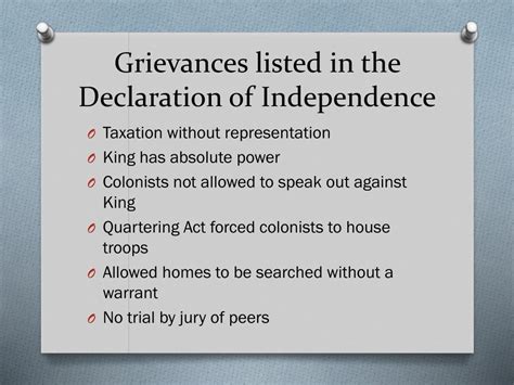 The Declaration Of Independence. . Grievances listed in the declaration of independence explained